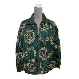 Vintage 80s 90s Sz LG Women's Green Gold Parachute Jacket Zip Up Rococo Baroque